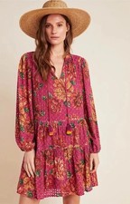 Anthropologie Farm Rio Pink Eyelet Tiered Tunic Mini Dress Medium NWOT