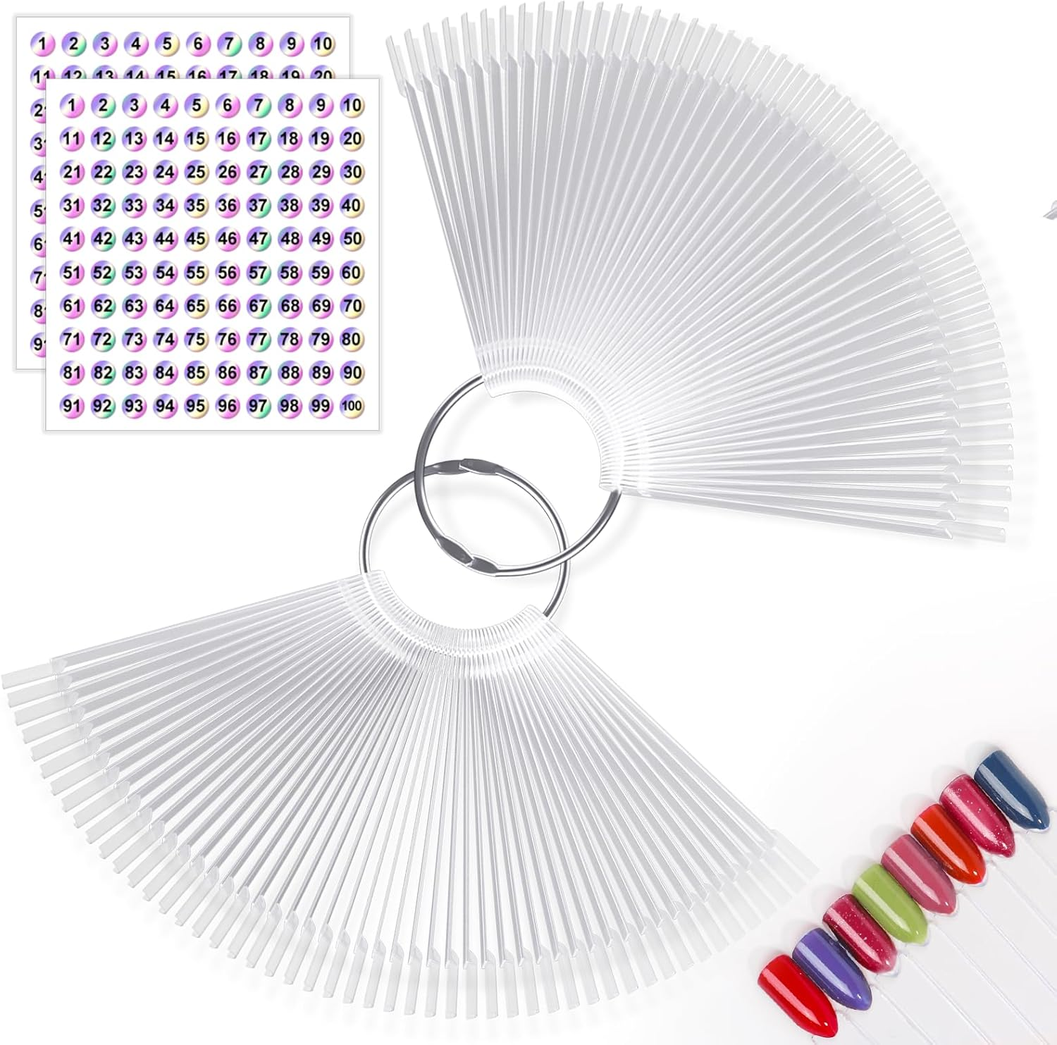 100 PCS Nail Swatch Sticks with Labels, Clear Nail Display with Ring Holder, Nai