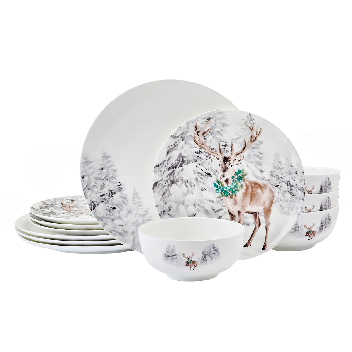 Mikasa 12-Piece Bone China Dinnerware Set, Holiday Woodsy Winter