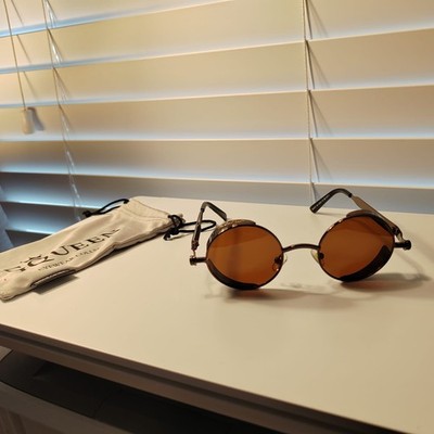 GQUEEN Round Steampunk Sunglasses Brown Lens Retro Vintage Unisex w/ Pouch