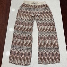 Womens Wide Leg Pull On Pants Size M Boho Paisley Print Rayon Artsy Indie Batik