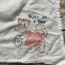 Vtg Embroidered Tea Towel Busy as a Bee Cat Whimsical Kitchen Linen Decor Kitsch