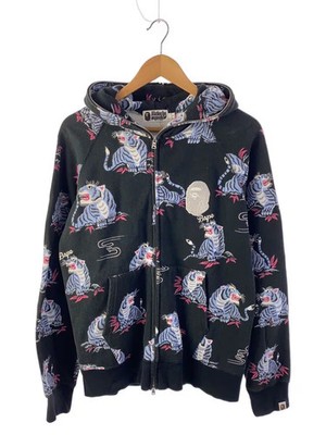A BATHING APE Tiger Pattern Full Zip Hoodie Zip Hoodie L Cotton BLK All over pat