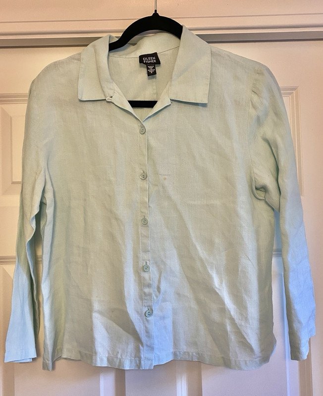 Eileen Fisher Women’s Seafoam Mint Woven Linen Collared Button-Up Long Sleeve S