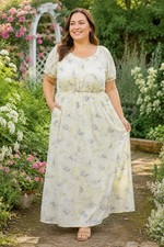Nine West Women's Plus Size 1X Maxi Dress Yellow/ Gray Floral Lined Flowy Boho