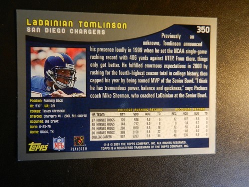 2001 '01 TOPPS *LADAINIAN TOMLINSON des CHARGEURS SAN DIEGO* #350 ROOKIE ! - Photo 2/2