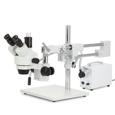 AmScope 7X-45X Zoom Stereo Trinocular 3D Boom Microscope+LED Fiber Optic Light
