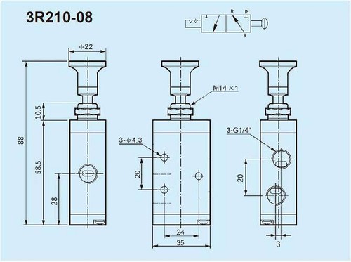 Válvula de aire neumática de control de empuje manual 3R210-08 3 vías 2 posiciones 1/4"BSPT - Imagen 4 de 4