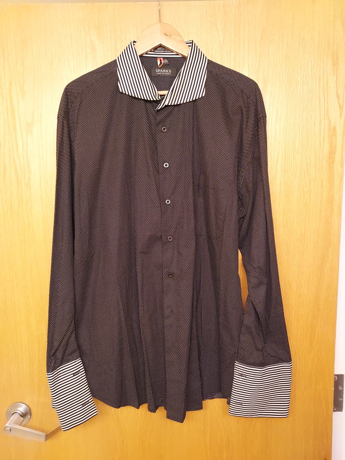 John Sparks L/S Black And White Poka Dot Dress Shirt Size 18 1/2 36/37