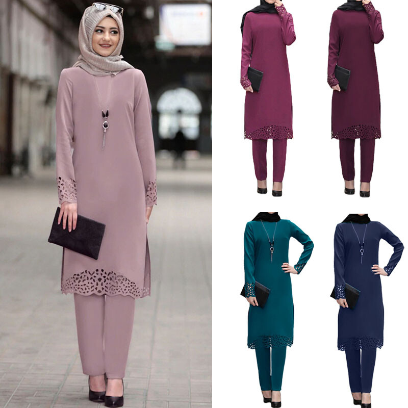 2 Piece Abaya Women Muslim Long Sleeve Top Blouse Pants Set Dubai Islamic Outfit