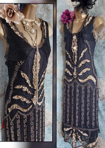 Gatsbylady black gold elsa beaded 20s flapper evening party deco gatsby dress 18 - Picture 2 of 21