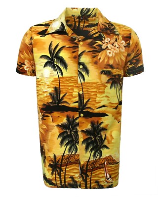 HERREN HAWAII HEMD HIRSCH STRAND ALOHA SOMMER URLAUB AUSGEFALLEN GELB BEACH PALM