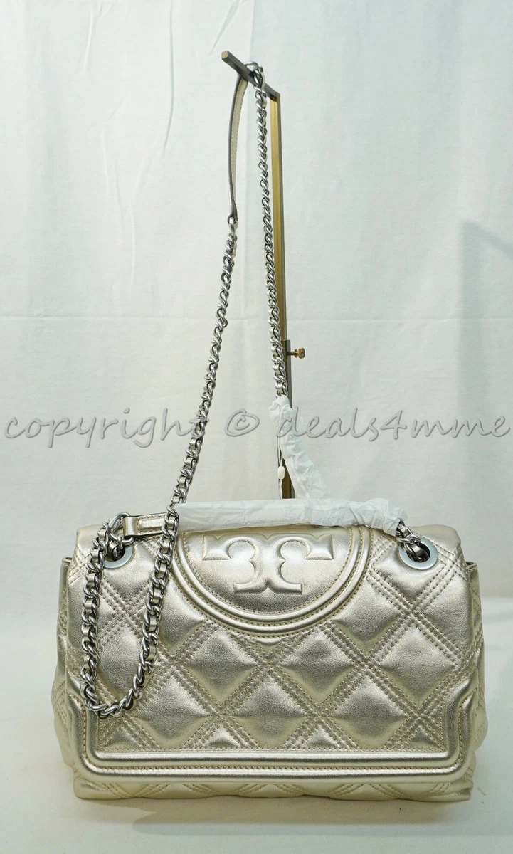 Tory Burch White Gold Metallic Leather Fleming Small Convertible