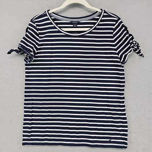 Nautica T-Shirt Womens M Navy/White Striped Slit Sleeve Embroidered Nautical