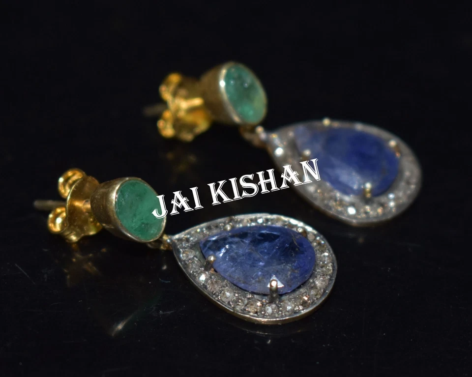 Elegant Pflastern Diamant Smaragd Edelstein 925 Sterlingsilber Lang Ohrring - Bild 2 von 4