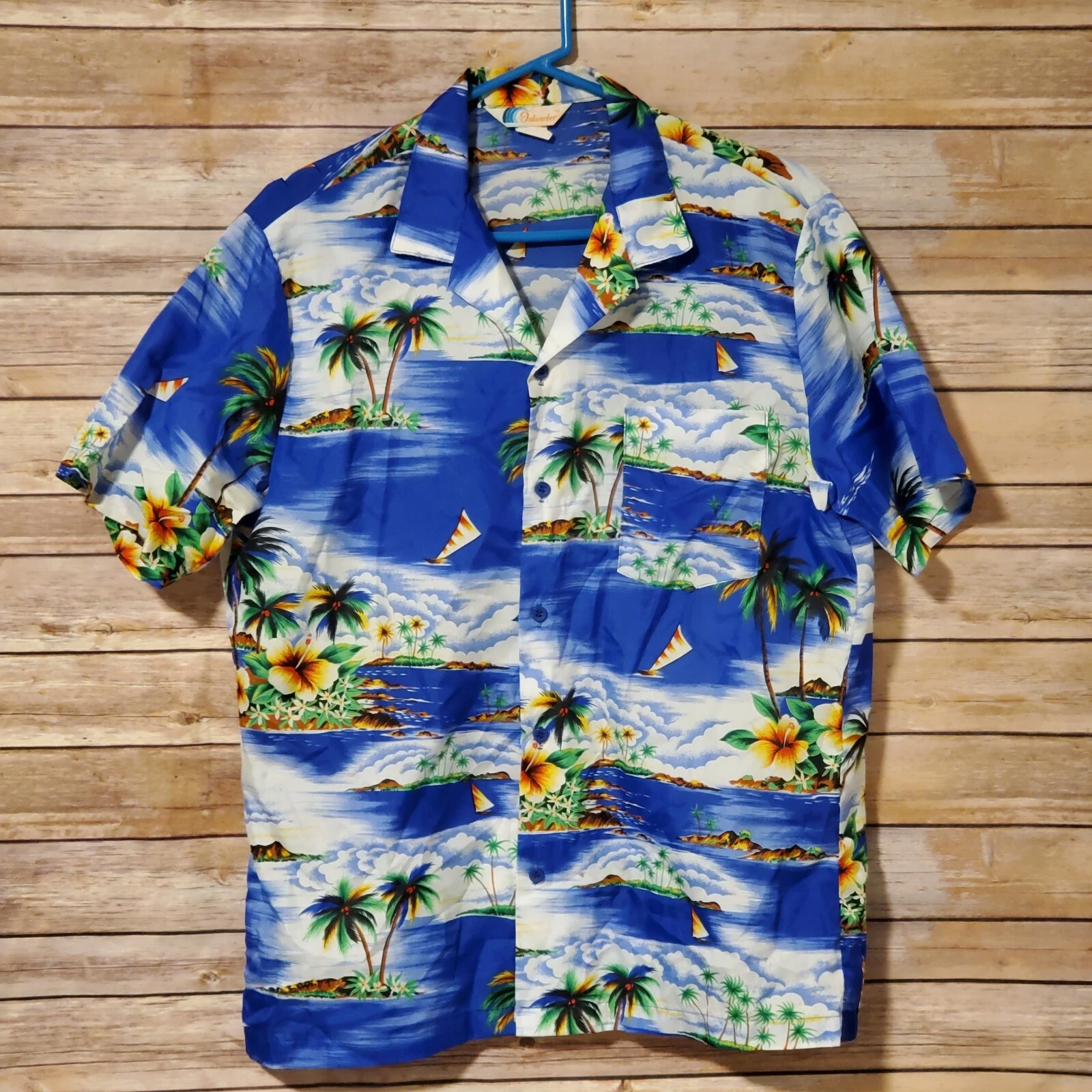Islander Mens Large Hawaiian Shirt Vintage Blue Floral Short Sleeve Aloha