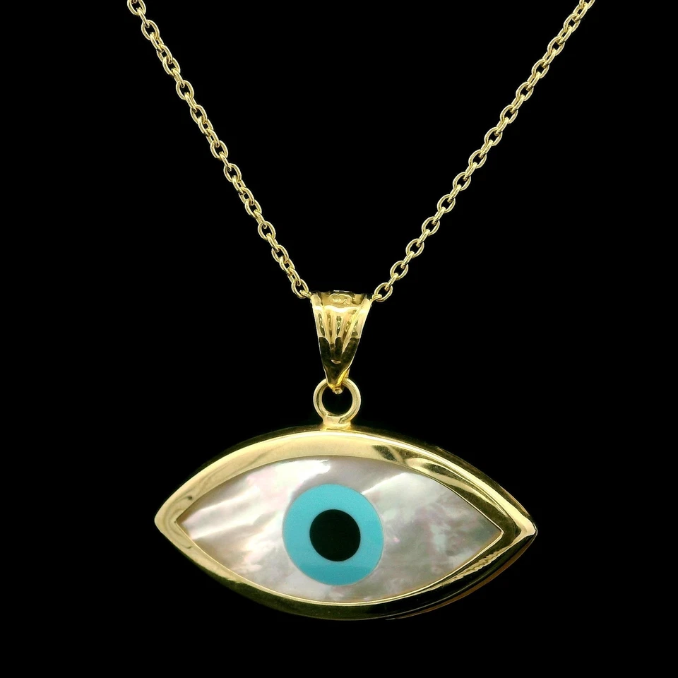 Fregona grande con incrustaciones de oro de 14k con piedras azules y negras mal de ojo en cadena de 16" Foto 3 de 4