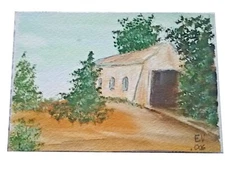 Original Signed Watercolor Covered Bridge  Landscape Painting Impressionism