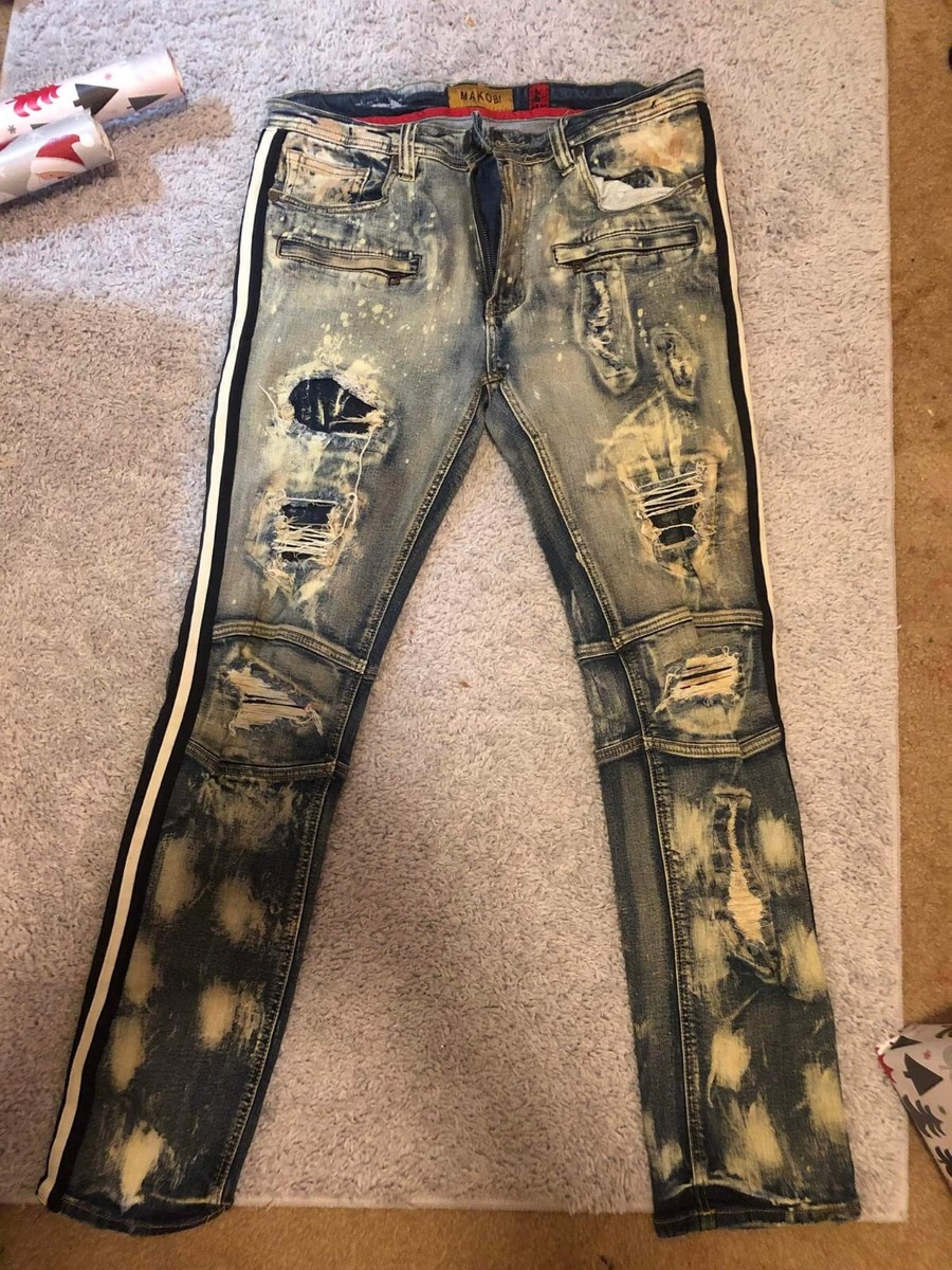 MAKOBI デニム Makobi Mens Distressed Shredded Denim Orange Stripe Y2K