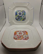 Set of 4 Octagon Salad Dessert Appetizer Plates Flower Daisy 7.5" Mod MCM
