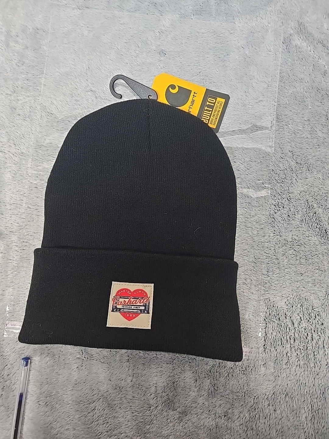 Carhartt Hat Beanie Fitted Mens One Size Black Heart Patch Knit Winter Warm