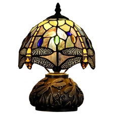 Small Tiffany Lamp Mini Stained Glass Table Lamp Brown Yellow Dragonfly Style...