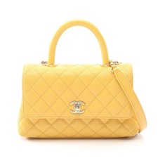 CHANEL Coco Handle Flap Matelassé Handbag Caviar Skin Orange Yellow Gold #RC386