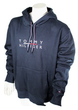 HILFIGER Men's Medium Navy/White Stitched Logo Hoodie Cotton Sweatshirt MSRP 79