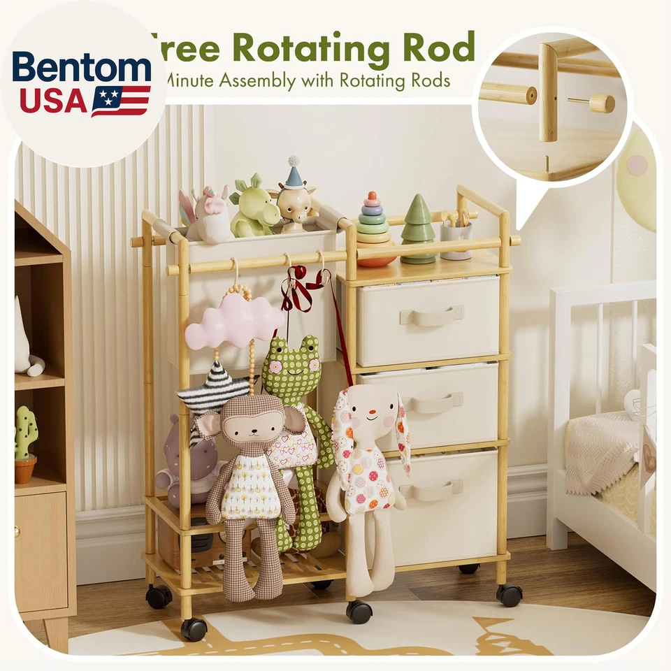 Carro organizador de pañales de bambú para bebé - Carro rodante de 3 niveles con divisores y re Foto 3 de 4