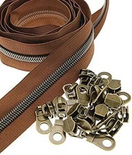 5 Metallic Nylon Coil Zippers by The Yard,Brown Tape Bulk 10 Yards with 25 PCS