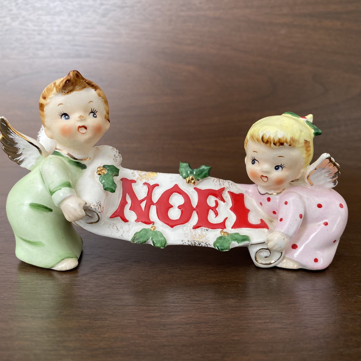 Noelページ Vintage Lefton Japan Christmas Angels Boy/ Girl NOEL Banner