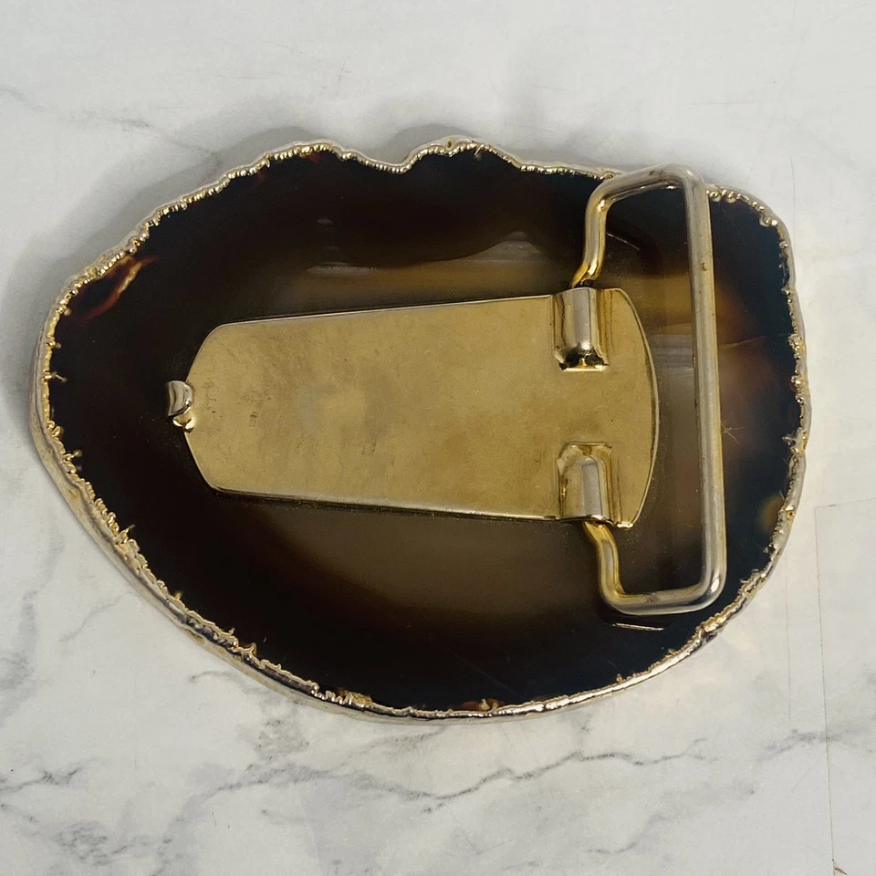 De Colección Corte Pulido Ágata Geoda Losa Cinturón Hebilla Tono Dorado Borde Marrón Foto 2 de 2