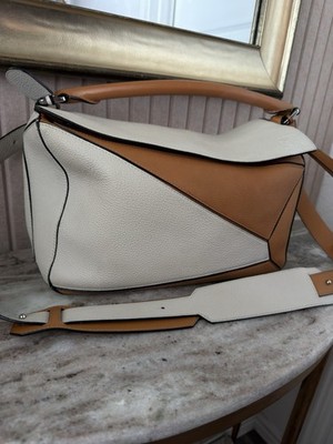 Loewe Medium Puzzle Colorblock Brown/White Crossbody Zip Bag w/ Strap Silver HW