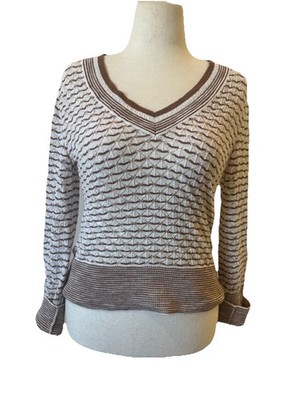 Veronica Beard Textured Stripe Knit V-Neck Sweater Brown Ivory Size M