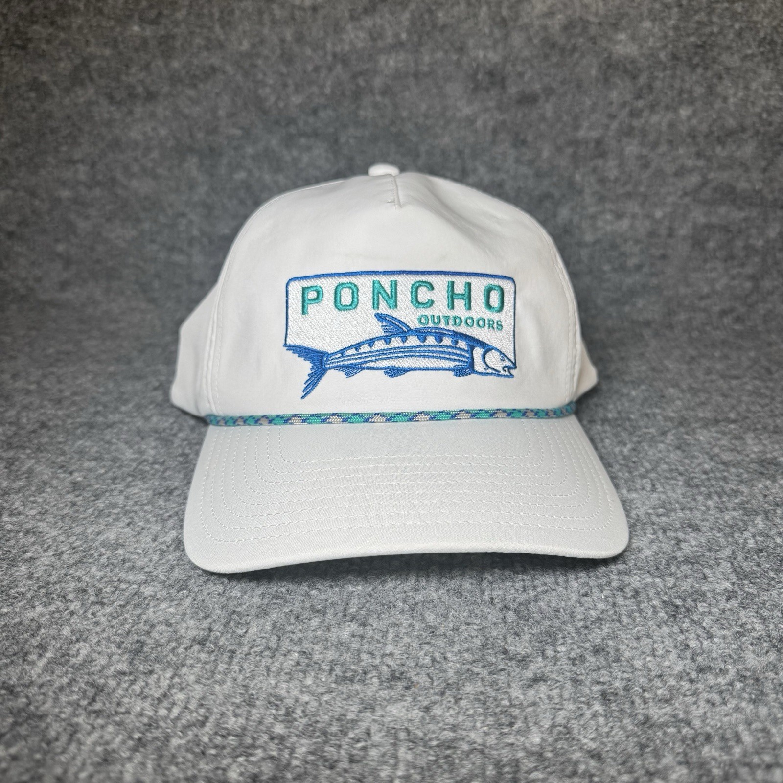 Poncho Outdoors Snapback Cap Tarpon Fish Embroidered Rope White