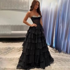Corset Chiffon Tiered Ruffles Black A Line Slit Evening Dresses Party Gowns Prom