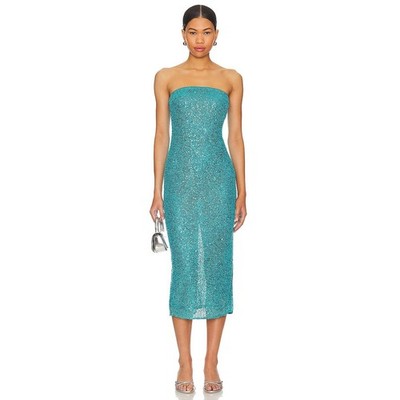 NBD Womens Aine Midi Dress in Turquoise Blue Sequin Strapless Tube Size M NEW