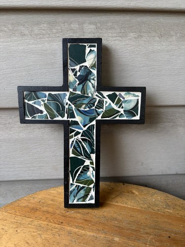 Blue Green Botanical Leaves Mosaic Tile Wood Cross Wall Art Plaque 9" Religious