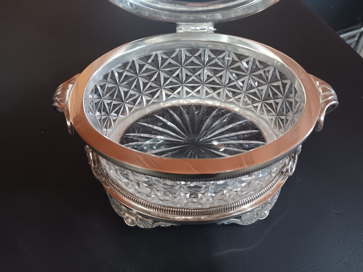 Victorian Silver Plated Crystal Biscuit Box Barrel w/Stag England