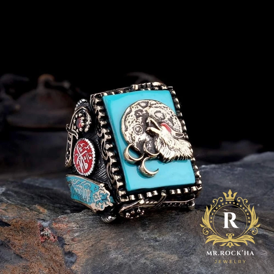 Anillo para hombre cuadrado de piedra turquesa, relieve grabado lobo gris, plata de ley 925 Foto 2 de 4