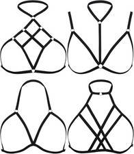 4 Pieces Women Harness Strappy Hollow Out Cross Elastic Cage Bra Cupless Bra