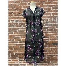 Express Sheer Black Floral Midi Dress Short Sleeve Button Front Ruffle Neck S