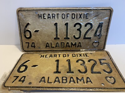 NOS 1974 (2 Tags) Heart Of Dixie Alabama Tags Consecutive Numbers Never Issued