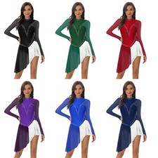Womens Leotard Ballet Bodysuit Patchwork Dress Figure Glittery Roller Hem Mesh