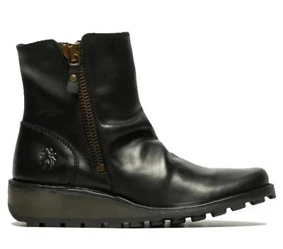 Fly London Femmes Noir MON944 Cuir Talon Compensé Cheville Zip Up Chelsea Bottes - Photo 1/4