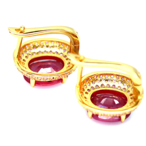 925 Sterling Silver 18K Gold Plated 7 x 10 MM. Red Ruby & Pink Sapphire Earrings - Picture 3 of 4