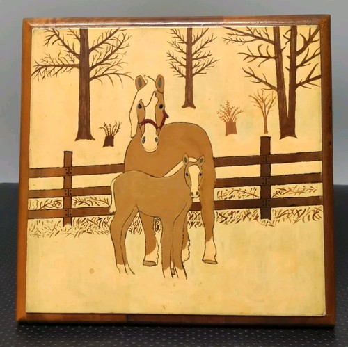 Primitive Wood Engraved Horse & Foal 8½" X 8¼" Picture W/Stand "Doc Taylor 1993"