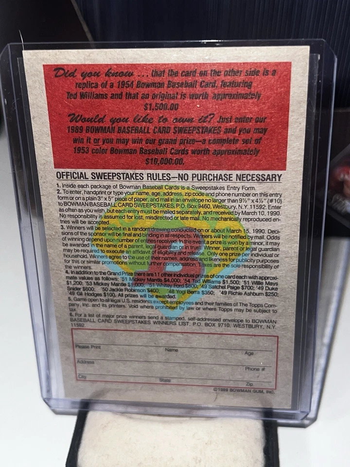 Tarjeta sorteo Ted Williams 1954 reimpresión 1989 Bowman Salón de la fama Medias Rojas de Boston ¡RARA!! Foto 4 de 4