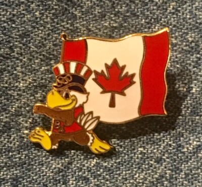 Canada Flag Pin with Mascot Sam the Eagle from 1984 Olympics at Los Angeles
