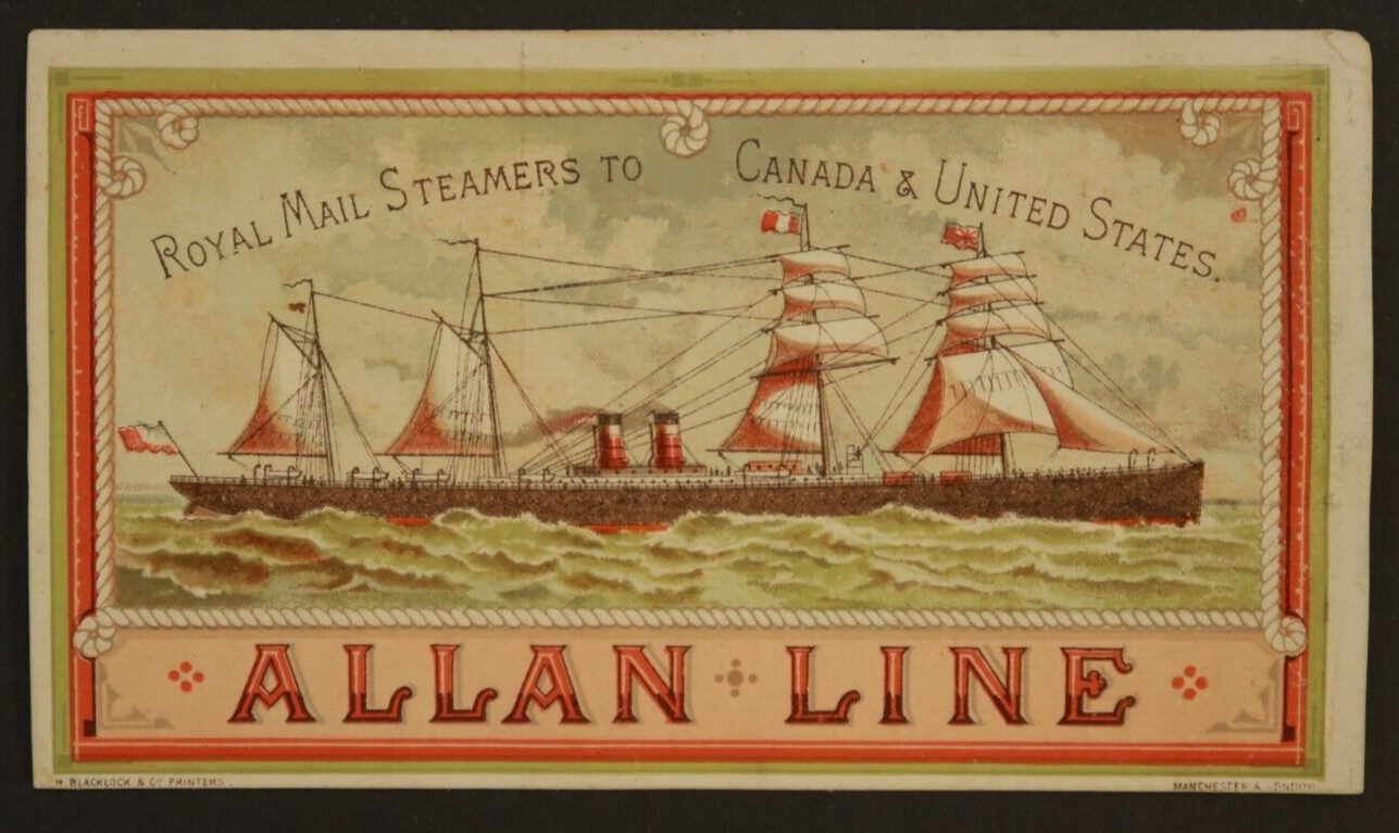 Allan Line Vtg Trade Card 5.5&Quot; From Quebec Royal Mail Steamers Rms Canada &Amp; Us